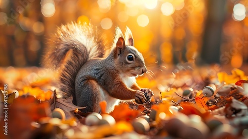 a squirrel with a fluffy tail and black and blue eye enjoys a snack of nuts on the ground, while its brown ear peeks out from behind its fur