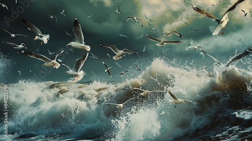 A flock of seagulls over the waves Ocean storm in Mexico Baja California Sur : Generative AI