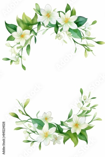 jasmine themed frame or border for photos and text. featuring delicate white flowers and green leaves. watercolor illustration, white color background.