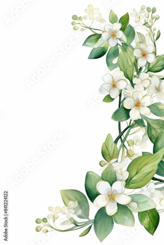 jasmine themed frame or border for photos and text. featuring delicate white flowers and green leaves. watercolor illustration, white color background.