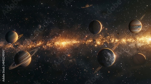 Vast Cosmic Space with Planetary Bodies. A deep space scene filled with various planetary bodies and a bright star cluster, perfect for concepts related to astronomy and the universe.