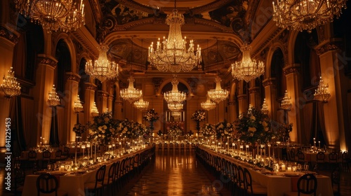 A grand ballroom with long tables, ornate chandeliers, and lush floral arrangements