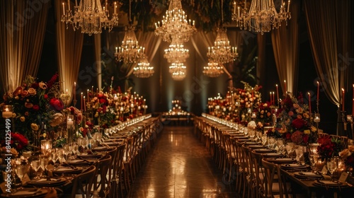 A long table set for a wedding reception with elegant floral centerpieces and chandeliers