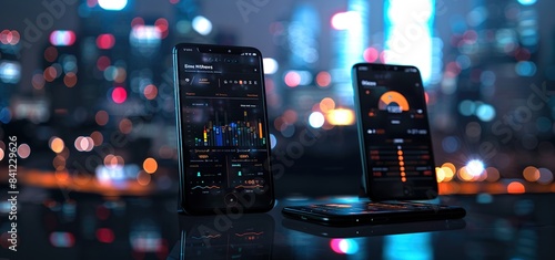 Mobile phones on the screens displaying data chart and bar graph on blur background.