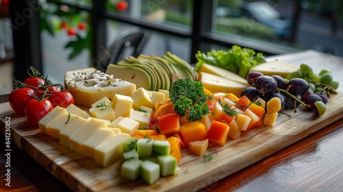 Gourmet cheese platter with fresh fruits and vibrant garnish on wooden table