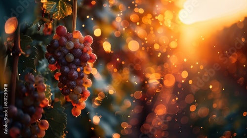 Sun-kissed grapevines with ripe clusters of grapes in vineyard at sunset