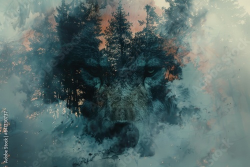 A wolf standing in the middle of the woods, surrounded by trees and underbrush