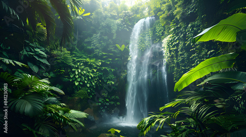 Wide panorama beautiful green nature view scenic landscape waterfall in tropical jungle rain forest