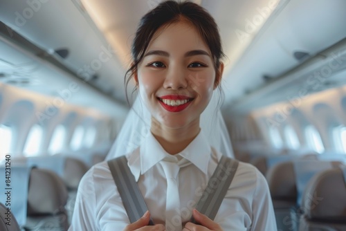 Cheerful flight attendant assisting with seatbelt on an airplane