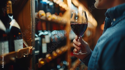 Expert vintner assessing the clarity of red wine in a glass