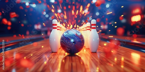 A bowling ball crashes into the pins in a bowling alley, great for sports or entertainment related content