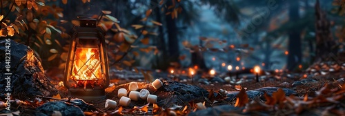 an orange lantern illuminates the forest, casting a warm glow on the ground