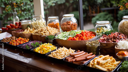 Beautifully arranged hot dog toppings bar with various condiments and sides for a Hot Dog Day party