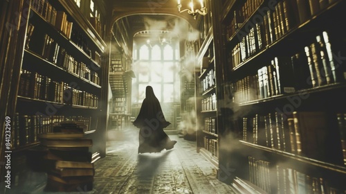 A spooky silhouette of a ghost drifting through an old library with books flying around