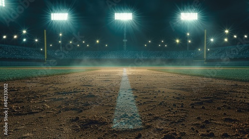 Baseball field lit up at night with bright lights, great for sports or urban themes