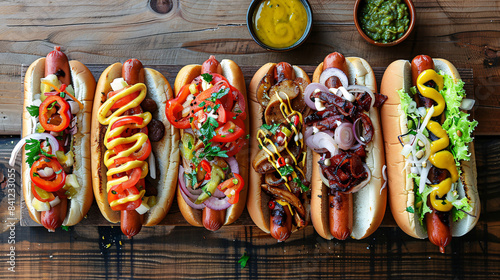 Hot dogs with creative and gourmet toppings displayed on a rustic wooden table for Hot Dog Day