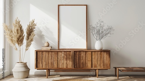 Scandinavian modern style wooden empty frame and cabinet with dry flower vase.