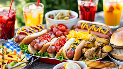 Large platter of hot dogs served with an assortment of sides and drinks for a Hot Dog Day picnic