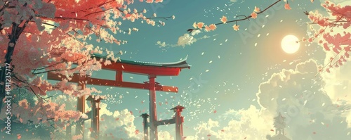 Spring Equinox Day Japan Torii Gate And Sakura Blossoms In Sun