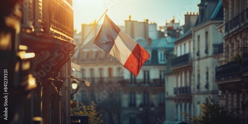 A stunning French national tricolor flag flies in the wind on a flagpole with traditional French buildings in the background. Natural daylight.