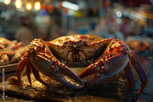 A close-up shot of a crab sitting on a table