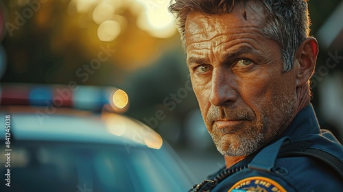 Close-up portrait of a middle-aged Caucasian policeman looking at the camera with a blurry police car in the background