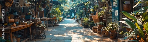 A vibrant marketplace surrounded by greenery where all products are made from recycled materials, with shoppers and vendors actively participating in eco-friendly practices, highlighting a thriving