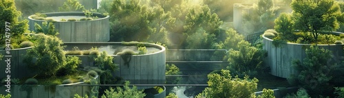 A recycling plant with an adjacent thriving forest, both interconnected by a series of circular pathways, representing the seamless integration of industrial processes within a sustainable and