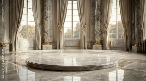 Elegant, sunlit marble hall with luxurious curtains and tall windows creating a sophisticated and opulent ambiance.