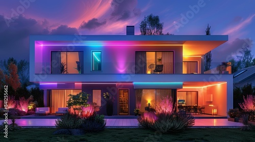 Villa with rgb lighting, night, frontal vision, with multiple colors of lights 