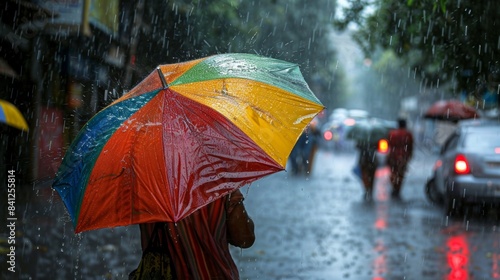 A colorful umbrella shielding a person from the heavy monsoon rains.