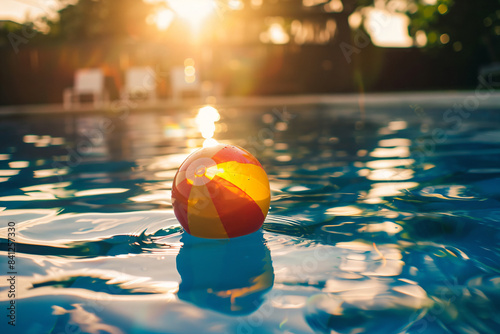 a ball floating in a pool with the sun shining