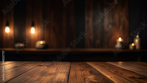 Empty dark wooden table top on blurred background with warm lighting. Banner with copy space. Template showcase scene for display, montage, advertising product.