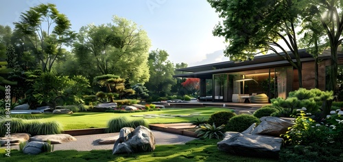 Courtyard of a Modern House with Large Garden and Trees