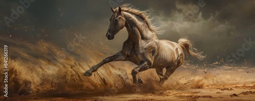 high-resolution stock photo features a stunning white horse with a flowing mane and tail, galloping powerfully across a vast desert landscape. The horse's muscles are rippling 