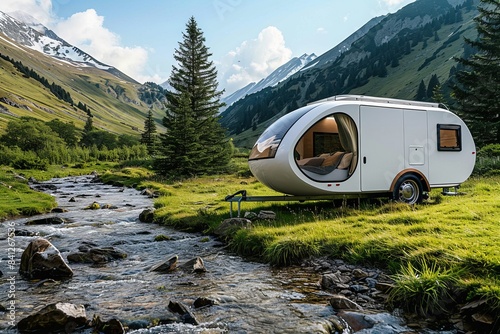 Modern caravan resting by a tranquil mountain stream. Capturing a moment of peace in nature. Perfect for promotional, editorial use or digital graphics. Vivid, outdoor, travel-themed image