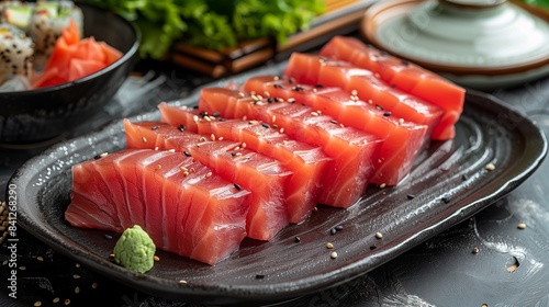 sashimi of tuna on a dark plate