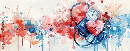 A detailed watercolor of a blood pressure monitor wrapped around an arm, with a backdrop of heart health symbols and healthy lifestyle elements