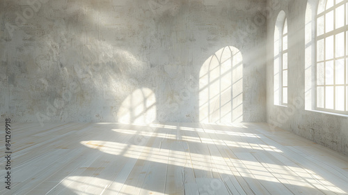 An empty room featuring a blend of natural and studio lighting, casting artistic shadows on the floor, suitable for highlighting products in an abstract setting