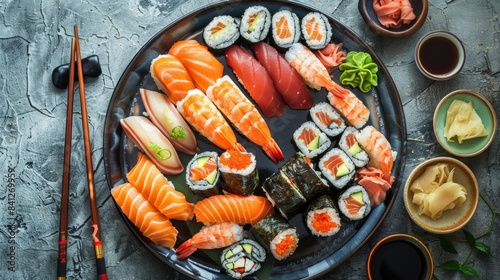 A vibrant sushi platter with a variety of fresh sushi rolls. Beautifully arranged, the image showcases colorful and delicious Japanese cuisine. Ideal for food blogs AI