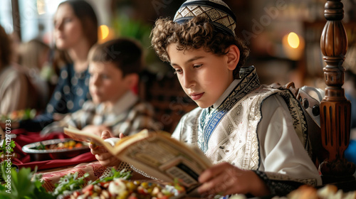 Jewish family celebrate Passover Seder reading the Haggadah. Young jewish man with kippah reads the Passover Haggadah 
