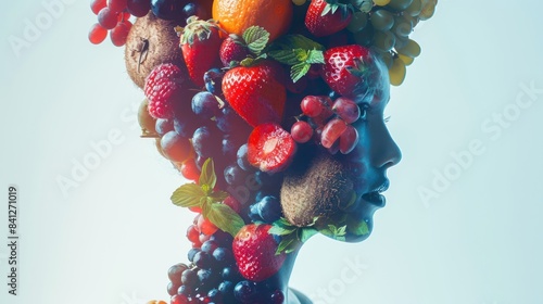Fruits (close up, focus on, copy space) Vibrant and fresh appearance Double exposure silhouette with a fruit basket