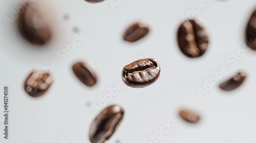 Experience the mesmerizing beauty of coffee beans suspended in mid-air against a pristine white background. Each bean seems to defy gravity, creating a sense of wonder and intrigue in this