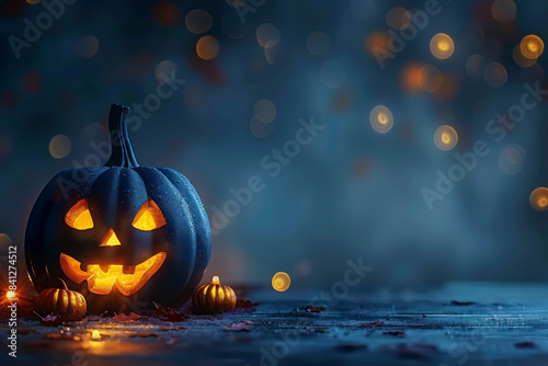 Halloween pumpkins on a dark background with lights and bokeh, a spooky Halloween concept.