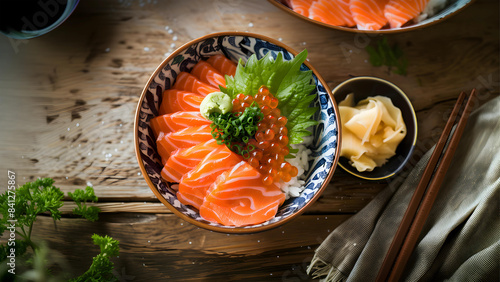 Salmon japanese style ceramic bowl top view, cooked with Slices of raw Salmon sashimi served over rice., on the cozy wood table.