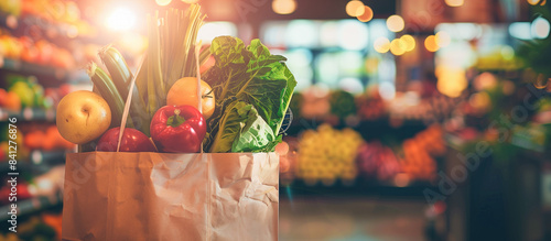 paper bag filled groceries healthy food fruit and vegetables in at the supermarket