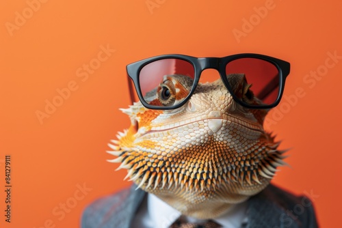 Agama lizard in a business suit and sunglasses on an orange background.