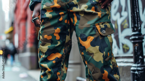 Trousers with a fashionable camouflage pattern stand out on the street sidewalks, attracting the attention of passers-by.