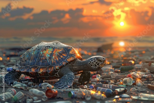 A sea turtle navigates a beach littered with plastic, highlighting the environmental impact of pollution and emphasizing the urgent need for marine conservation