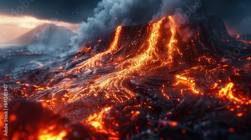 An intense scene of molten lava cascading down a volcanic landscape with smoke rising into a dark, dramatic sky.
